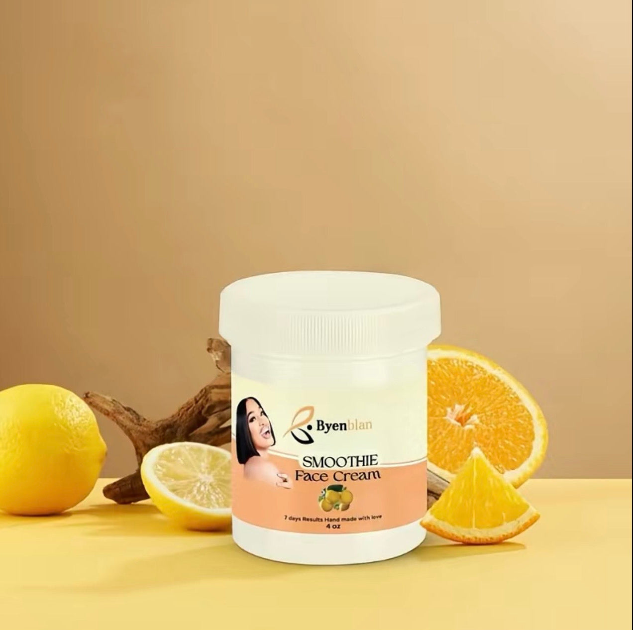 Jar of Byen Skin Smoothie Face Cream with lemons on a beige background