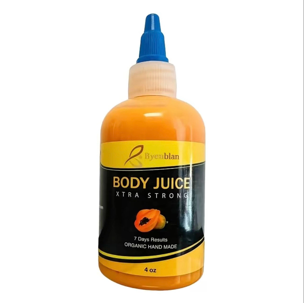 Bottle of 'Body Juice Xtra Strong' with a yellow label and blue cap on a white background.