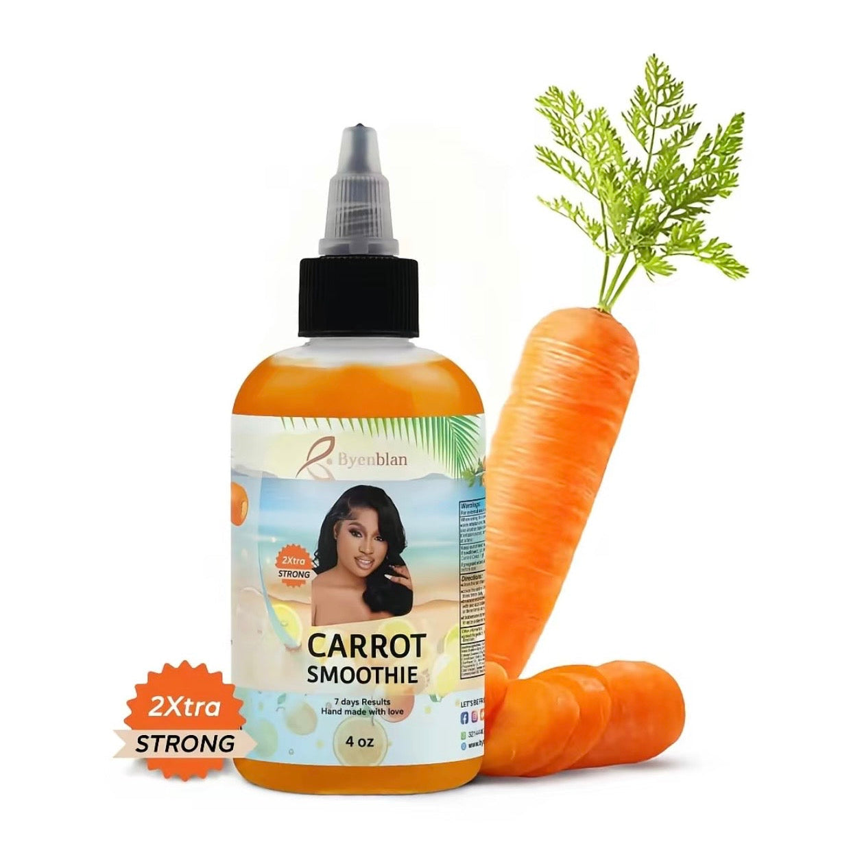 Bottle of 'Carrot Smoothie' hair product with carrots and a label featuring a woman's face on a white background.