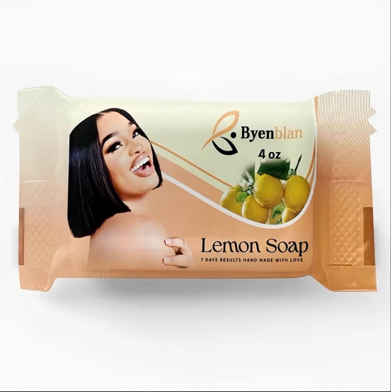 Bar of lemon soap with packaging featuring a woman's face and lemon graphics on a white background.