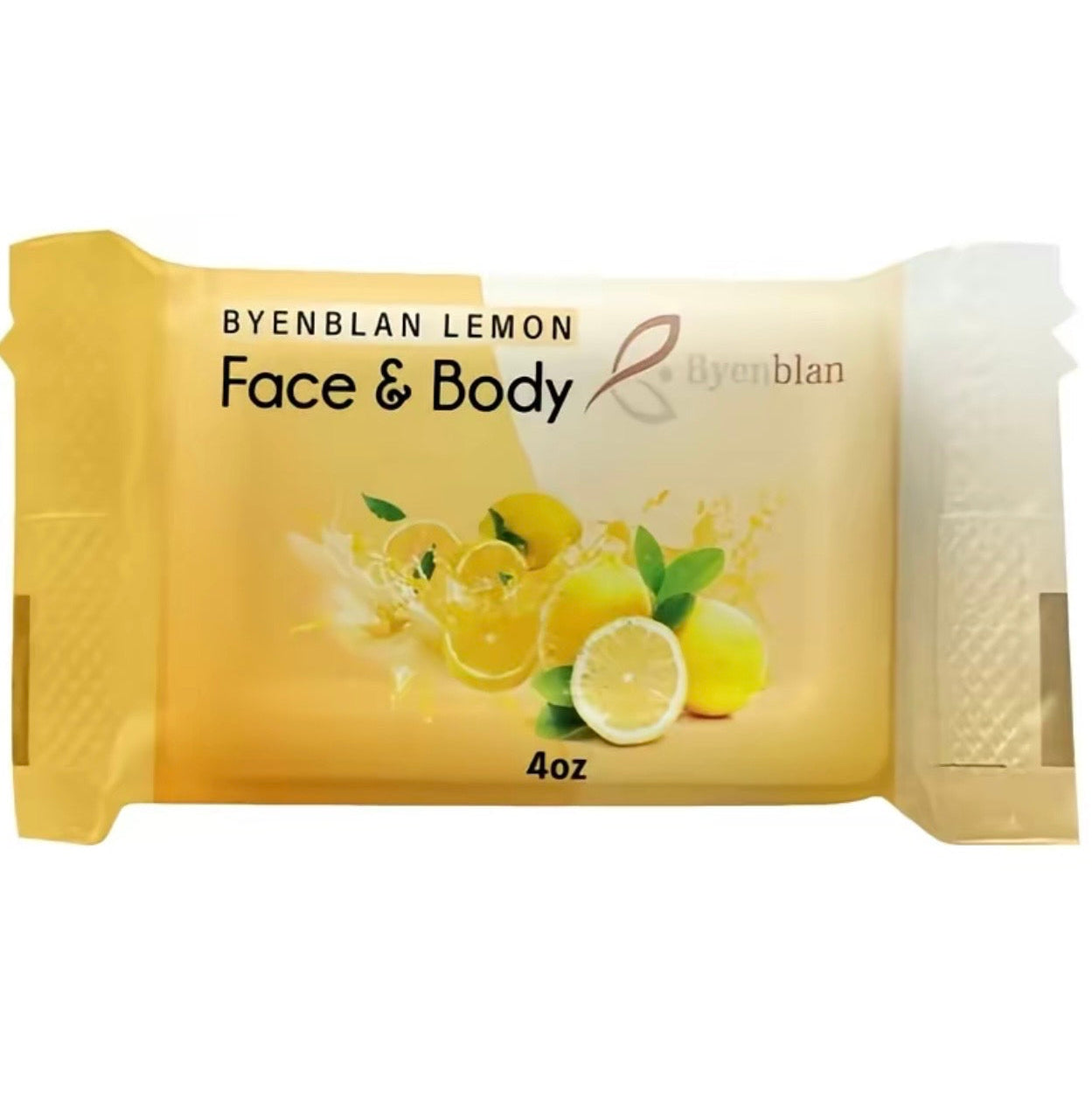 Bar of soap with lemon design and 'Byenblan' branding on a white background