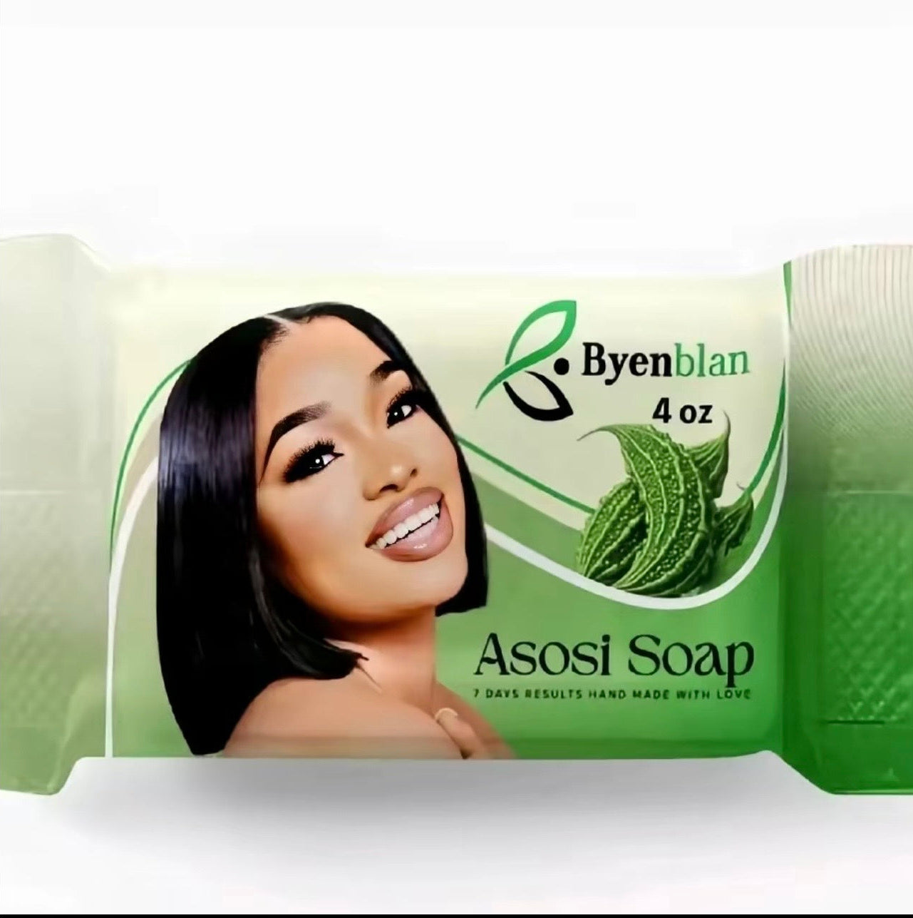 Byenblan Asosi Soap packaging with a woman's face and green leaf design.